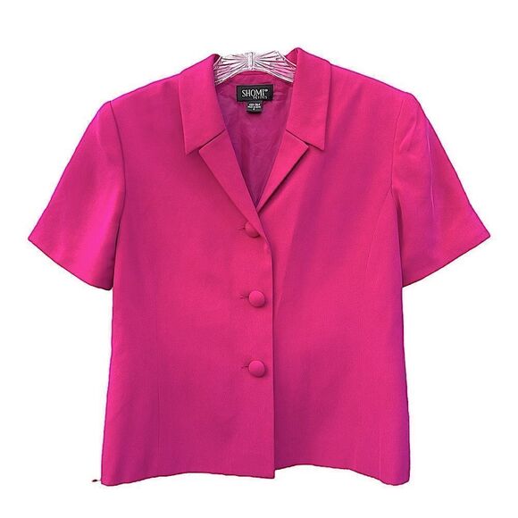 New Shomi Satin Silk Pink Blazer Button Down Short Sleeve Collar Jacket Womens 6 - Picture 2 of 5